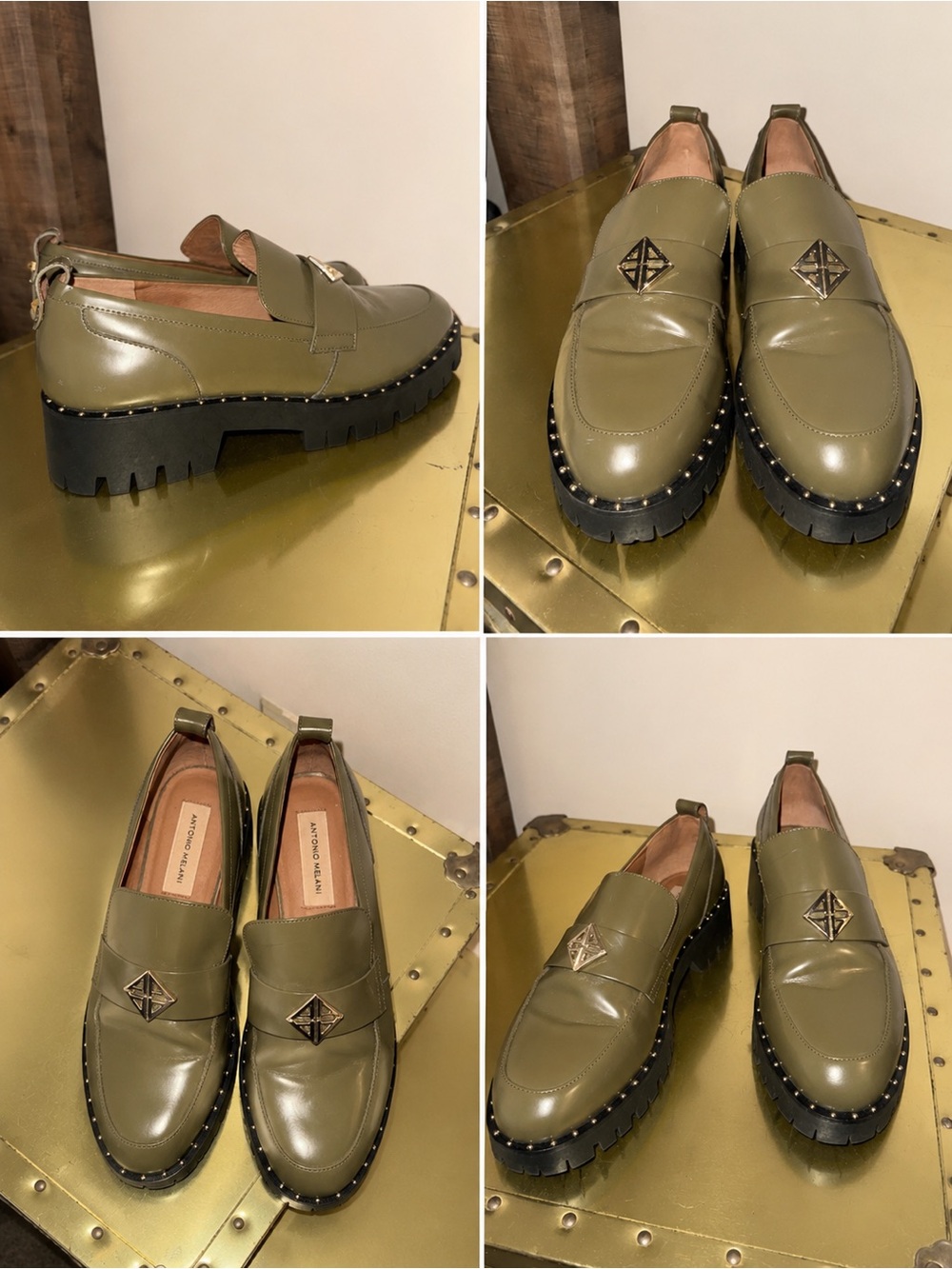ANTONIO MELANI Olive Green Studded Lug Sole Loafers
